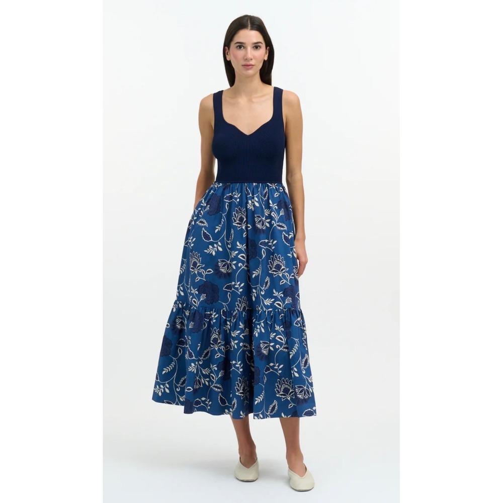 Tanya Taylor Josephina Mixed Media Rib Knit & Cotton Tiered Floral Midi Dress L
